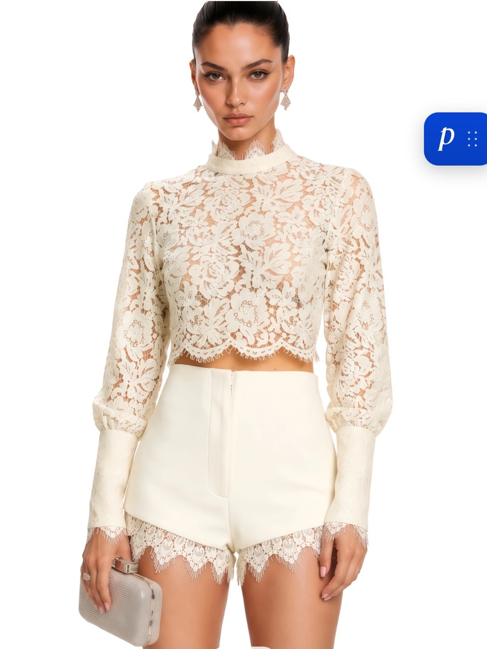 Miss Rosier Clementine White High Neck Lace Top & Matching Shorts - Size Small